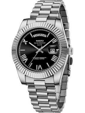 Nibosi Men's Silver Black Analog Quartz Stainless Waterproof Desiger Wrist Watch